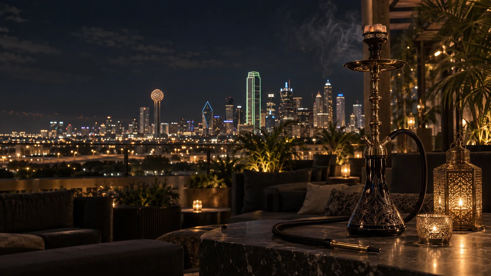 Concept image of a black and gold hookah on a rooftop overlooking Dallas at night